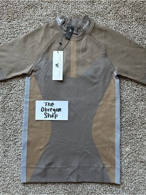 WOMENS RUNNING KNIT TEE SHIRT MOCK TURTLENECK TOP MEDIUM BEIGE CREAM BROWN GRAY